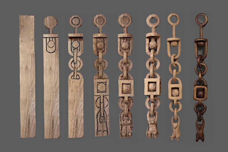 Sequence photos of carving a wooden bear chain from 
		Black Walnut